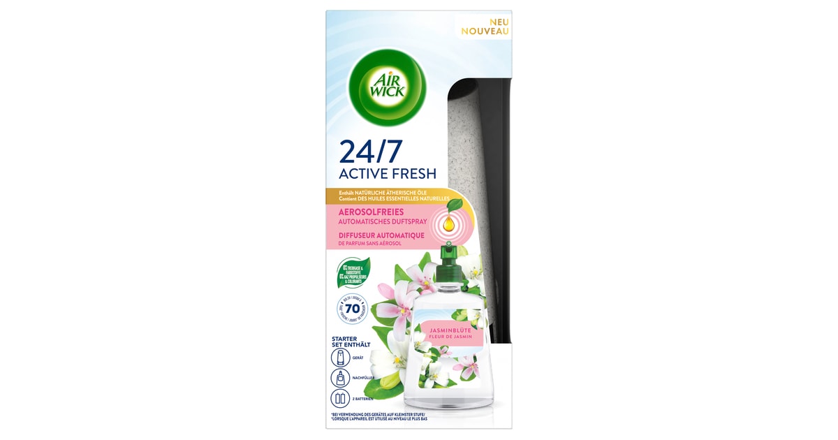 Air Wick Aerosolfreies Automatisches Duftspray Active Fresh Starter Set Jasminblüte