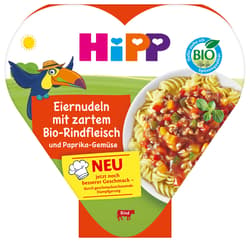 HiPP Bio Menüs Eiernudeln mit zartem Bio-Rindfleisch und Paprika-Gemüse