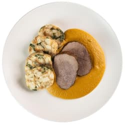 Beef with traditional creamy root vegetable sauce “Svíčková” and Karlovy Vary dumplings by Jan Bures