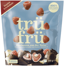 trüfrü® frozen raspberries with white and dark chocolate 200g