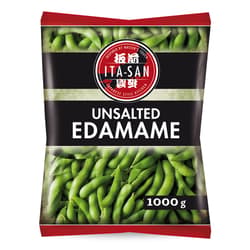 Unsalted green soy beans in pods, blanched, quick-frozen