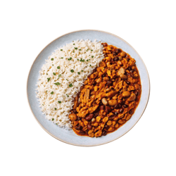Freshfoodz chicken strips with beans in BBQ sauce, served with long-grain rice