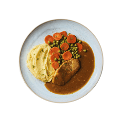 Freshfoodz mustard-roasted pork in gravy with peas, carrots, and mashed potatoes