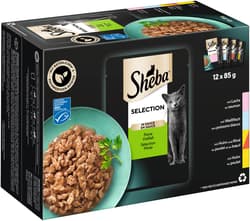 Sheba Selection Multipack Portionsbeutel Feine Vielfalt 4 Varietäten Lachs, Weißfisch, Huhn & Rind, Huhn in Sauce MSC 12x85g