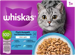 Whiskas Multipack 1+ Pouches Fish Selection 4 Varieties Salmon, Tuna, Cod, White Fish in Jelly 12x85g