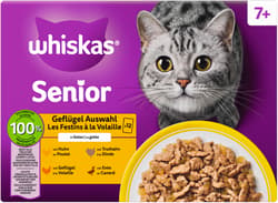 Whiskas Multipack Portionsbeutel Senior 7+ Geflügel Auswahl 4 Varietäten Huhn, Ente, Geflügel, Truthahn in Gelee 12x85g