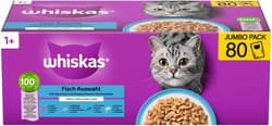 Whiskas Multipack Pouch Portions 1+ Fish Selection 4 Varieties Salmon, Tuna, Cod, Whitefish in Jelly 80 x 85 g