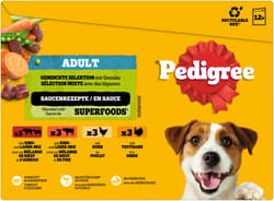 PEDIGREE multipack pouch portions mixed selection with vegetables, 4 varieties: beef & lamb, beef & liver, chicken, turkey in gravy, 12 x 100 g