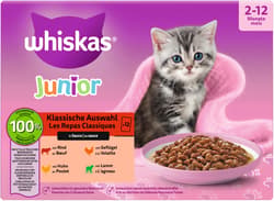 Whiskas Multipack Portionsbeutel Junior Klassische Auswahl 4 Varietäten Rind, Huhn, Lamm, Geflügel in Sauce 12x85g