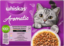 Whiskas Aromatic Multipack Pouches 1+ Mixed Selection 4 Varieties Pork, Chicken, Ocean Fish, Salmon in Sauce 12x85g