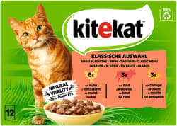Kitekat™ Multipack Portionsbeutel Klassische Auswahl 3 Varietäten Huhn, Rind, Geflügel in Sauce 12x85g