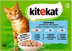 Kitekat™ Multipack Portionsbeutel Fisch-Box 3 Varietäten Lachs, Weißfisch, Kabeljau in Gelee 12x85g