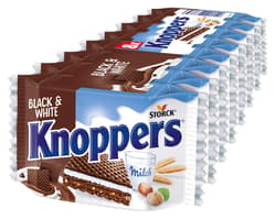 Knoppers Black & White – die knusprige Waffelschnitte mit dunklen Kakaowaffeln, dunklen Gebäckstückchen und leckerer Nugatcreme, Multipack, 1 x 200g (8x25g)