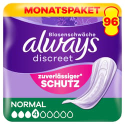 Always Discreet Inkontinenz-Einlagen Normal Monatspaket bei Blasenschwäche, 96 Einlagen (4 Packungen x 24 Stück)