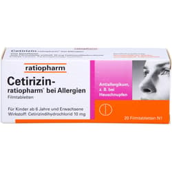 CETIRIZIN-ratiopharm for allergies 10 mg film-coated tablets.