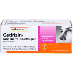 CETIRIZIN-ratiopharm for allergies 10 mg film-coated tablets.