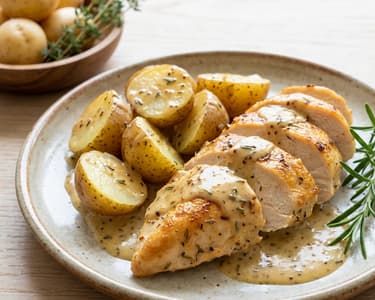 Hähnchen mit Kartoffeln in cremiger Senf-Sahne-Sauce