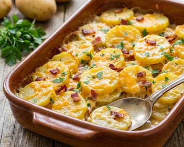 Überbackene Kartoffeln mit Käse und Speck