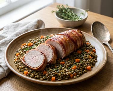 Schweinefilet im Pancetta-Mantel mit grünen Linsen