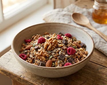 Crispy Nut Granola with Raspberries & Chocolate