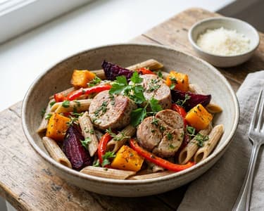 Whole grain pasta with pork tenderloin and roasted vegetables