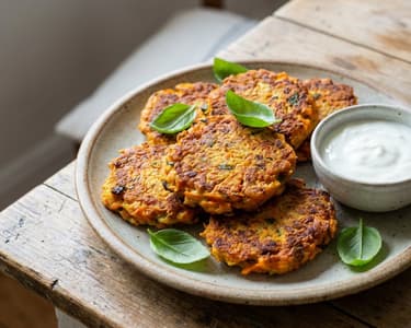 Karottenpuffer mit Räuchertofu und Basilikum