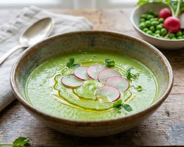 Grüne Erbsensuppe mit marinierten Radieschen