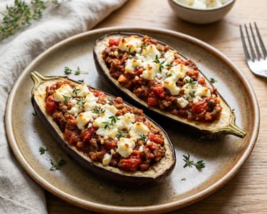 Stuffed Eggplant with Ground Beef and Feta
