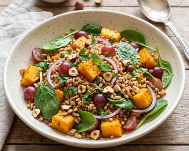 Spelt Salad with Pumpkin, Grapes and Hazelnuts
