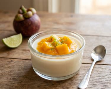 Mangostan Panna cotta mit Mango-Ragout