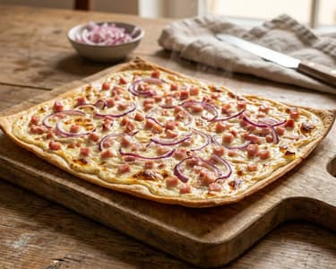 Flammkuchen mit Schinken und roten Zwiebeln