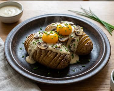 Ash Potatoes with Roasted Garlic Sauce and Mushrooms