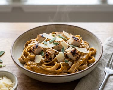 Pasta with creamy pumpkin sauce and chicken
