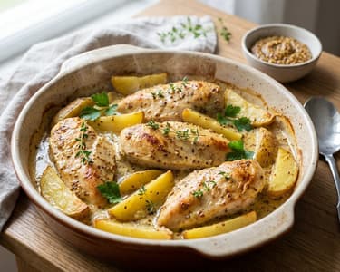 Hähnchen mit Kartoffeln in cremiger Senf-Sahne-Sauce