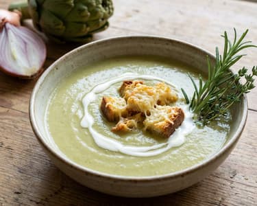 Artichoke Cream Soup with Parmesan Croutons