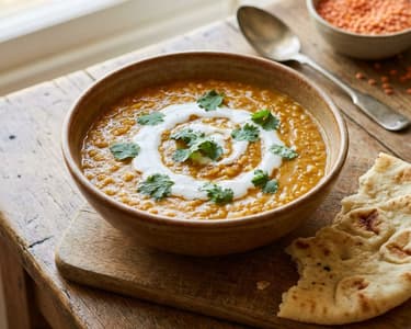 Cremiges Rotes Linsen-Dhal mit Naan-Brot