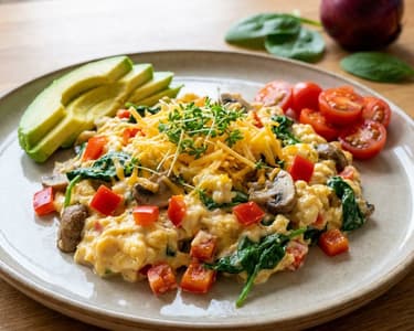Rührei mit Gemüse und Avocado