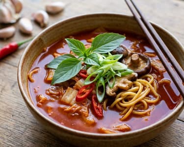 Spicy Kimchi Soup with Mie Noodles and Shiitake