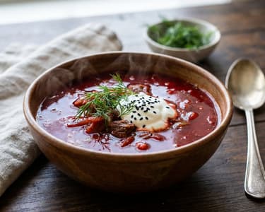 Borschtsch mit Rindfleisch und Schwarzkümmel