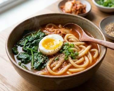 Kimchi Soup with Udon Noodles and Egg