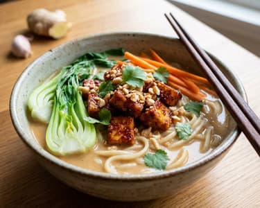 Cremiger Peanut Butter Ramen mit knusprigem Tofu