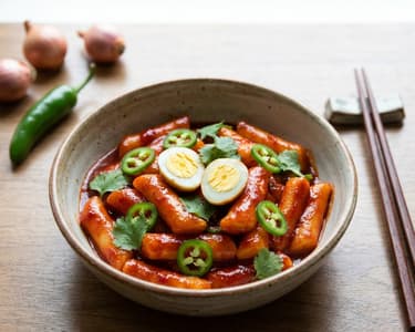 Pikante Tteokbokki mit Wachteleiern und Jalapeño