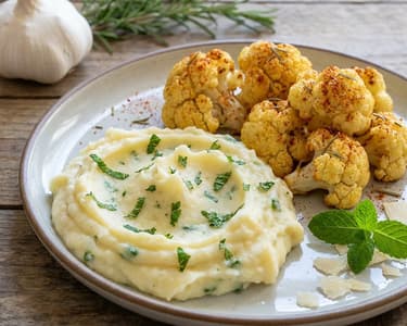 Knoblauch-Kartoffelstampf mit Minze und geröstetem Blumenkohl