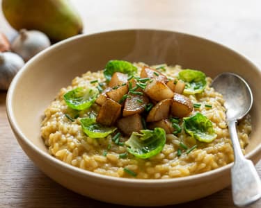 Creamy Risotto with Fried Pear, Curry, and Brussels Sprouts