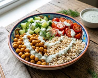 Bowl mit gerösteten Kichererbsen & Dill-Dressing