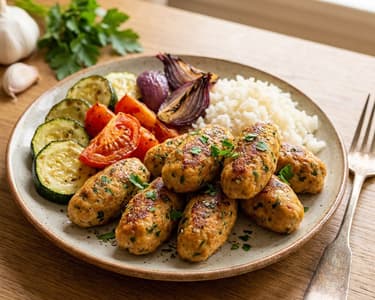 Turkey Koftas with Roasted Vegetables and Brown Rice
