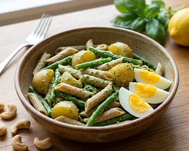 Nudelsalat mit Kartoffeln und Basilikumpesto