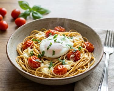 Vollkornspaghetti mit Ofentomaten, Feta und pochiertem Ei