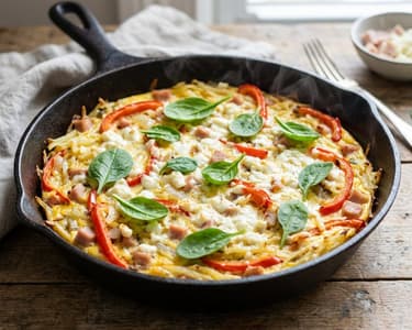 Herzhafte Frühstückspfanne mit geriebenen Kartoffeln
