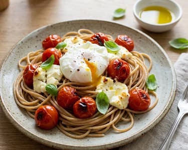 Vollkornspaghetti mit gerösteten Tomaten, Feta und pochiertem Ei